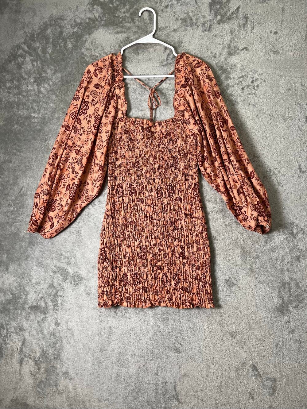 Free People Printed Smocked Mini Dress Puff Sleeve Boho Romantic Cottagecore S